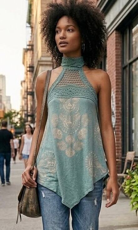 Free People Tops - Free People Mandolin Aqua/White Crochet Halter Top Large